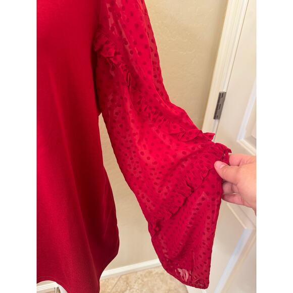 Loft Red Blouse Sheer Polka Dot Long Sleeve Size Medium - Picture 5 of 10